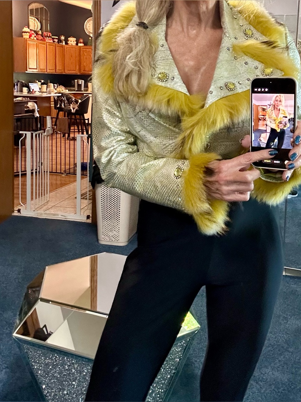 Saga Furs Metallic lime/yellow Jacket with Yellow /black fur Trim Real Leather